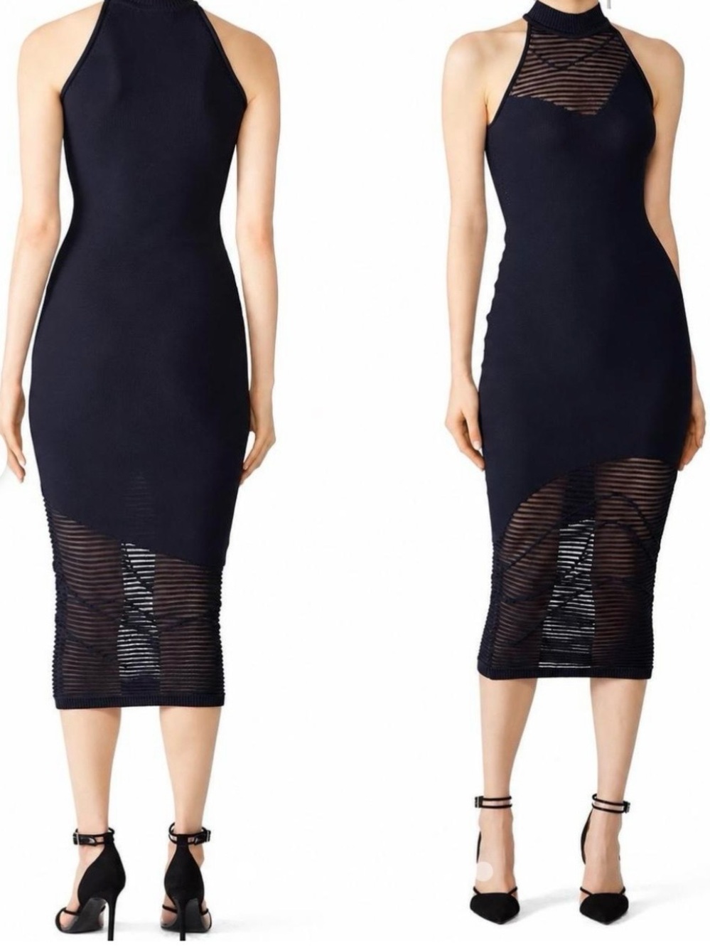 Women's Blue Sleeveless Mesh-Panel Midi Dress - Sleek Halter Design
